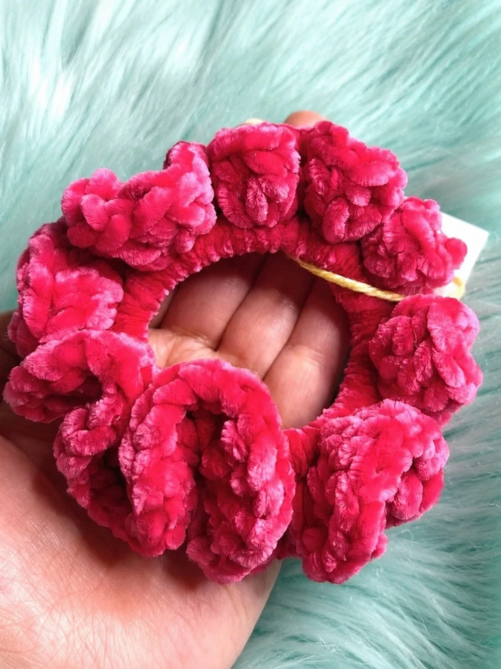 PinkRainCloud Handmade Luxe Velvet Hot Pink Crochet Plush Hair Scrunchie